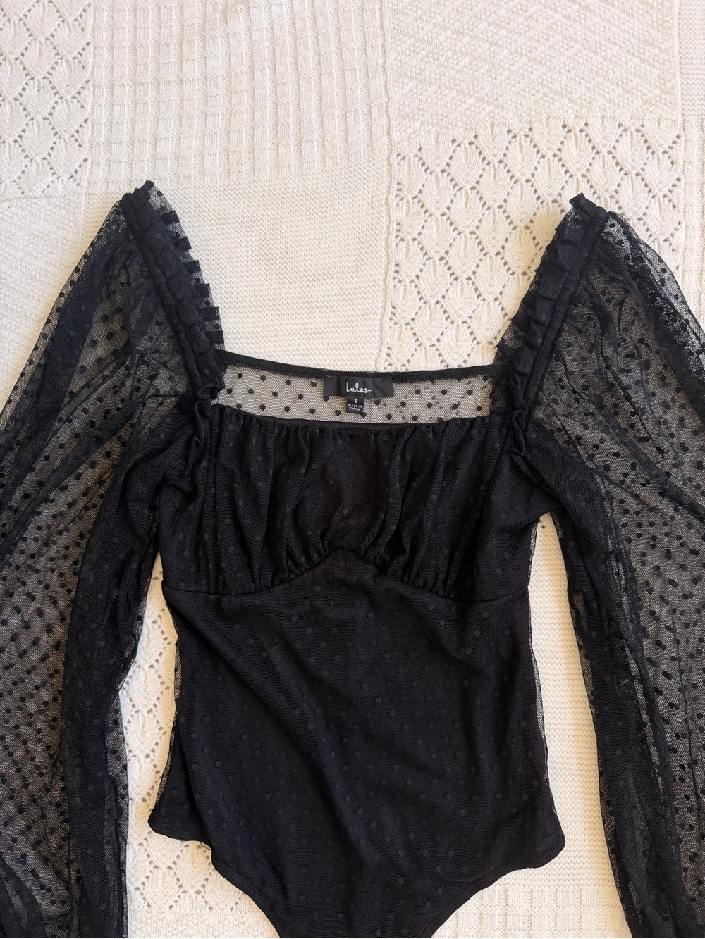 Lulus Call the Dots Black Dotted Mesh Long Sleeve Bodysuit - Picture 6 of 8